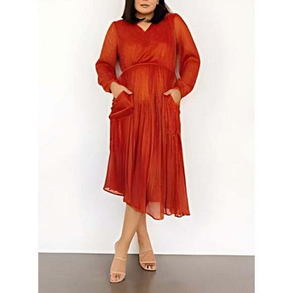 NWT Baltic Born Arizona Shimmer Midi Sunset Orange Shimmer Long Sleeve Dress - Picture 1 of 6